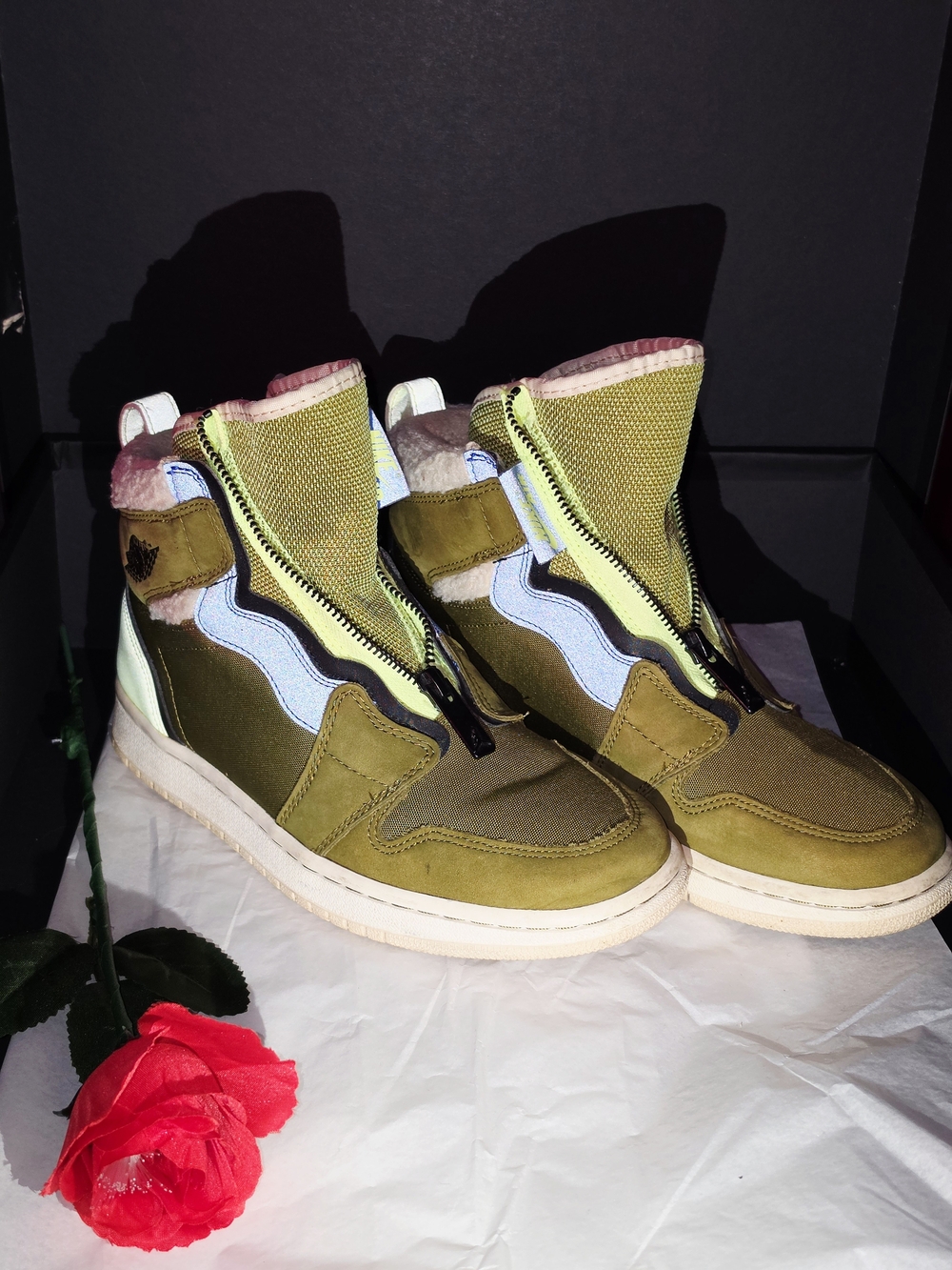 Nike Olive Green and Pink Women's High-Top Sneakers with Front Zip